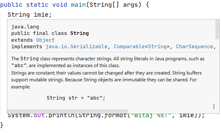 Podpowiedź, w której IDEA wyświetla dokumentacje znanych jej klas