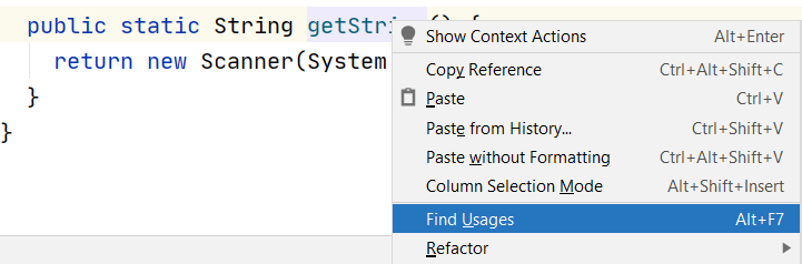 Funkcjonalność Find Usages w menu po kliknięciu prawym przyciskiem myszki w edytorze kodu