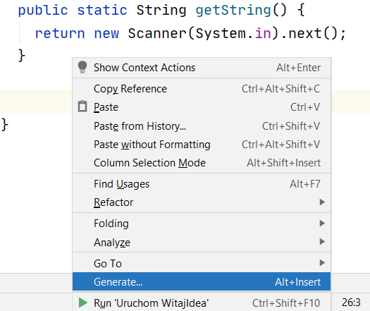 Funkcjonalność Generate w menu kontekstowym po kliknięciu prawym przyciskiem myszki w edytorze kodu