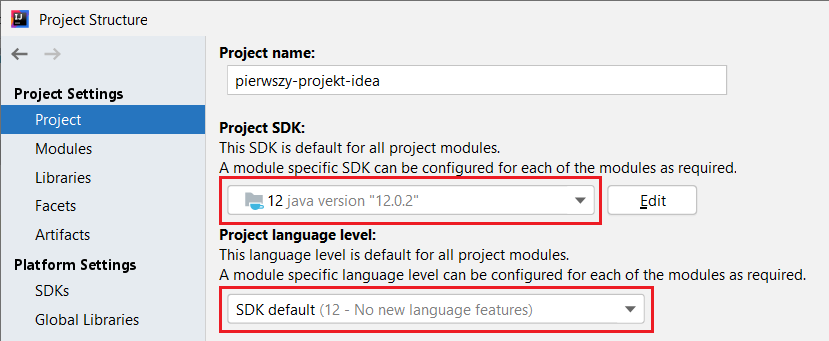 Ustawienia dla projektu - przykład ustawiania JDK oraz wersji języka Java