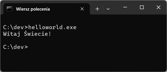 Wynik działania programu HelloWorld – wyświetlony komunikat powitalny