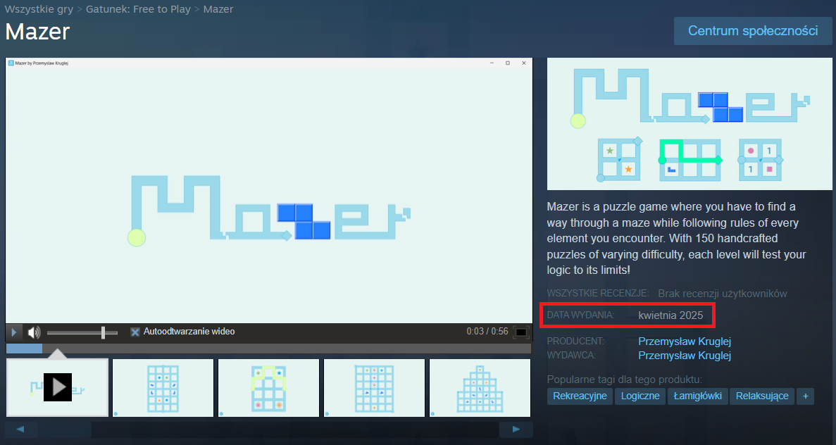 Strona Mazera na platformie Steam z „Datą wydania”