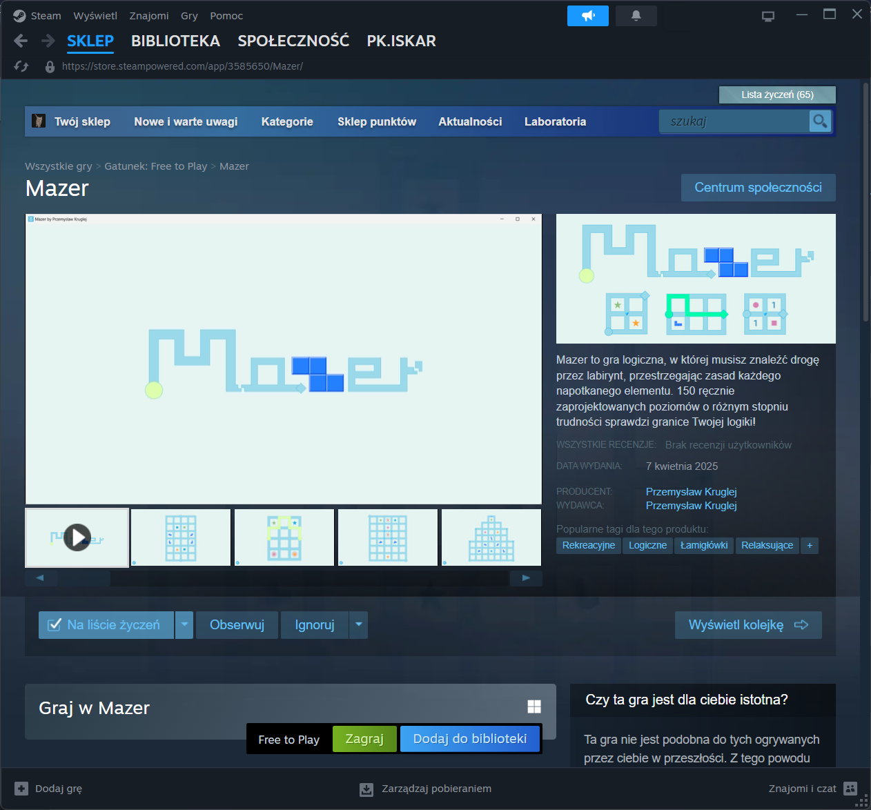 Finalna, produkcyjna strona Mazera w Steam
